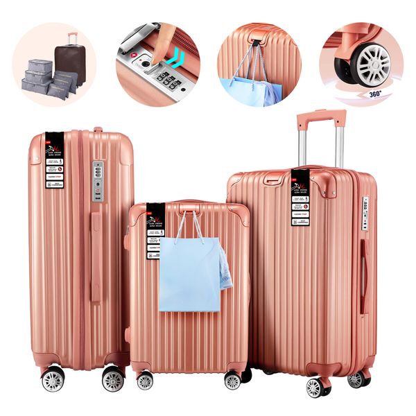 3 Piece Luggage Set Travel Carry On Hard Suitcases Trolley Lightweight Cabin Bags TSA Lock Cover 6 Packing Cubes Rose Gold