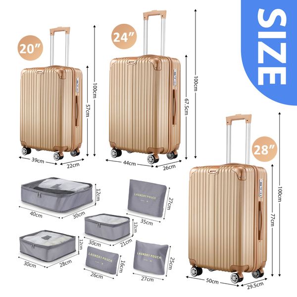 Luggage Suitcase Set 3 Piece Traveller Carry On Cabin Checked Bag Trolley Lightweight Hard Case TSA Lock Cover 6 Packing Cubes Champagne Gold