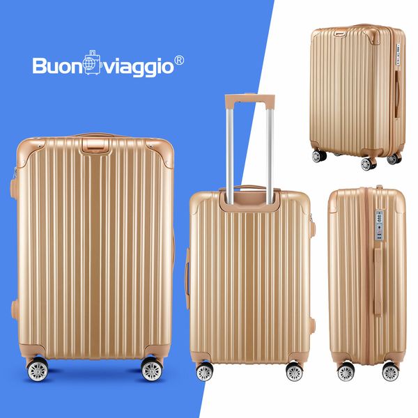 Luggage Suitcase Set 3 Piece Traveller Carry On Cabin Checked Bag Trolley Lightweight Hard Case TSA Lock Cover 6 Packing Cubes Champagne Gold