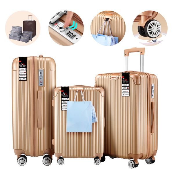 Luggage Suitcase Set 3 Piece Traveller Carry On Cabin Checked Bag Trolley Lightweight Hard Case TSA Lock Cover 6 Packing Cubes Champagne Gold