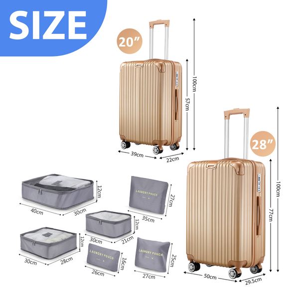 Luggage Suitcase Set 2 Piece Travel Carry On Cabin Bags Trolley Lightweight Hard Shell Case with TSA Lock Cover 6 Packing Cubes Champagne Gold