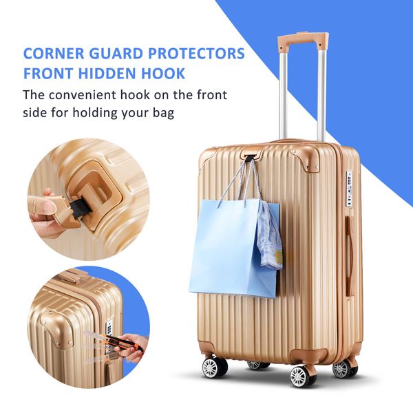 Luggage Suitcase Set 2 Piece Travel Carry On Cabin Bags Trolley Lightweight Hard Shell Case with TSA Lock Cover 6 Packing Cubes Champagne Gold