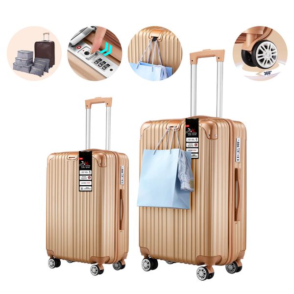 Luggage Suitcase Set 2 Piece Travel Carry On Cabin Bags Trolley Lightweight Hard Shell Case with TSA Lock Cover 6 Packing Cubes Champagne Gold