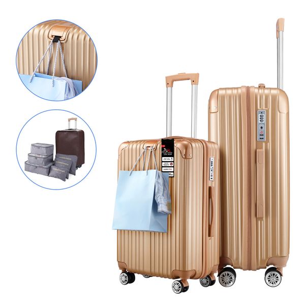 Luggage Suitcase Set 2 Piece Travel Carry On Cabin Bags Trolley Lightweight Hard Shell Case with TSA Lock Cover 6 Packing Cubes Champagne Gold