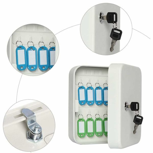 Key Cabinet Wall Mount,Locking Key Organizer,Key Lock Box with Key,Key Management,20 Key Hooks & Tags Key Lab,White