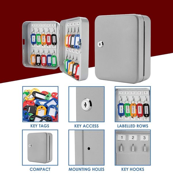 Key Cabinet Wall Mount,Locking Key Organizer,Key Lock Box with Key,Key Management,20 Key Hooks & Tags Key Lab,White