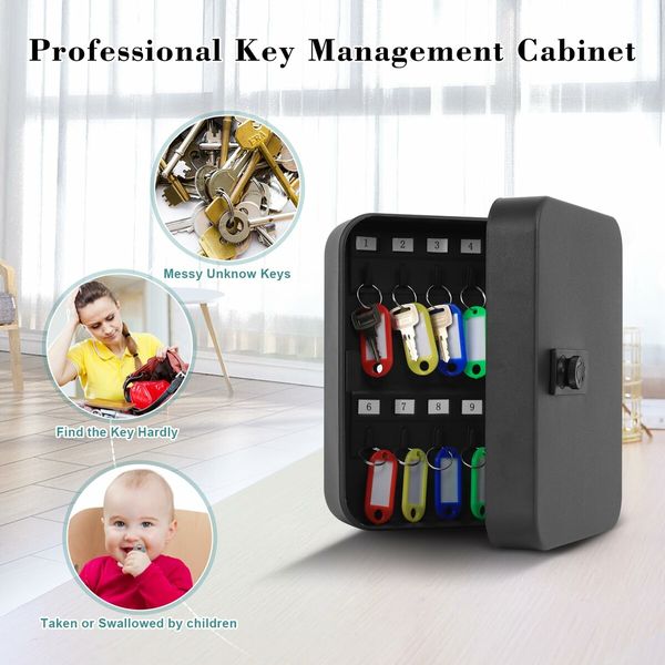 Key Cabinet Wall Mount,Locking Key Organizer,Key Storage Lock Box with Code,Key Management with Combination Lock,20 Key Hooks & Tags Key Lab (Black,20 Key)