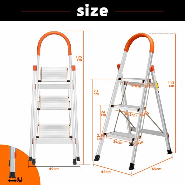 3 Step Folding Ladder Foldable Stool Collapsible Platform Aluminium Portable Lightweight Stairs Stepladder with Foam Handrail