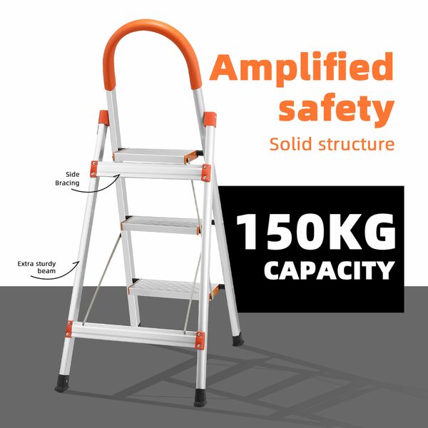 3 Step Folding Ladder Foldable Stool Collapsible Platform Aluminium Portable Lightweight Stairs Stepladder with Foam Handrail