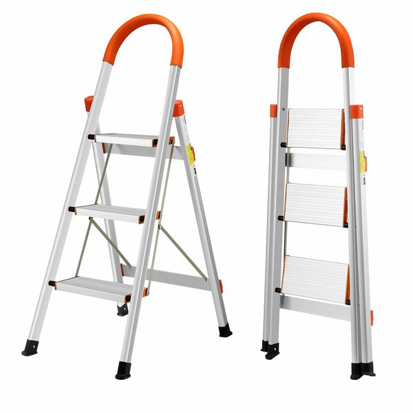 3 Step Folding Ladder Foldable Stool Collapsible Platform Aluminium Portable Lightweight Stairs Stepladder with Foam Handrail