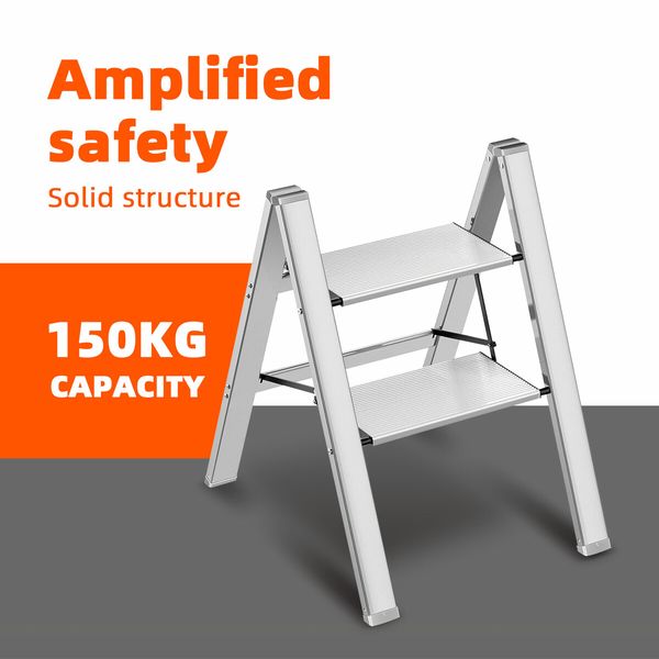 2 Step Folding Ladder Stool Collapsible Aluminium Portable Stairs Kitchen Helper Lightweight Warehouse Household Stepladder