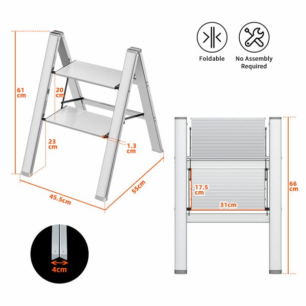 2 Step Folding Ladder Stool Collapsible Aluminium Portable Stairs Kitchen Helper Lightweight Warehouse Household Stepladder