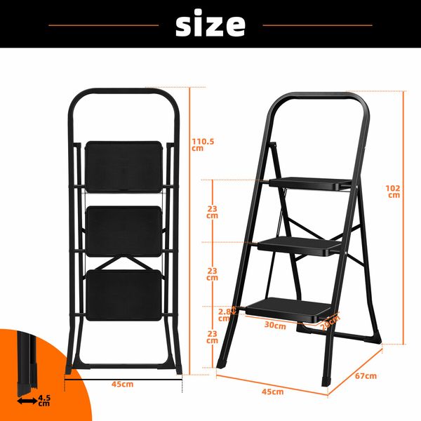 3 Step Folding Ladder Collapsible Stool Platform Foldable Portable Lightweight Steel Stairs Household Stepladder with Handrail