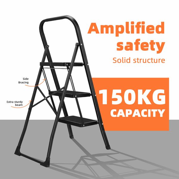 3 Step Folding Ladder Collapsible Stool Platform Foldable Portable Lightweight Steel Stairs Household Stepladder with Handrail