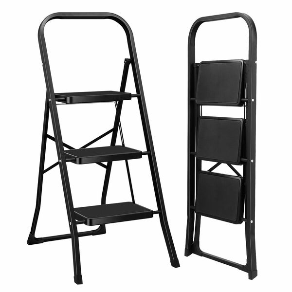 3 Step Folding Ladder Collapsible Stool Platform Foldable Portable Lightweight Steel Stairs Household Stepladder with Handrail