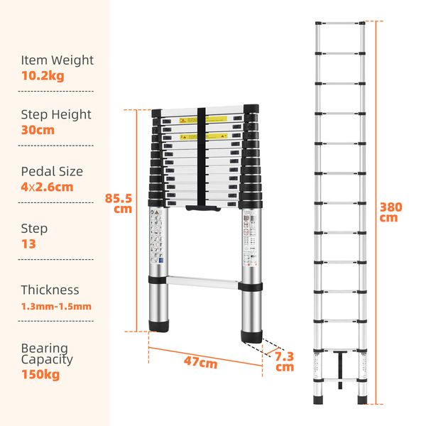 3.8m Telescopic Step Ladder Aluminium Extension Portable Extendable Lightweight Stairs for Roof Ceiling Household Warehouse