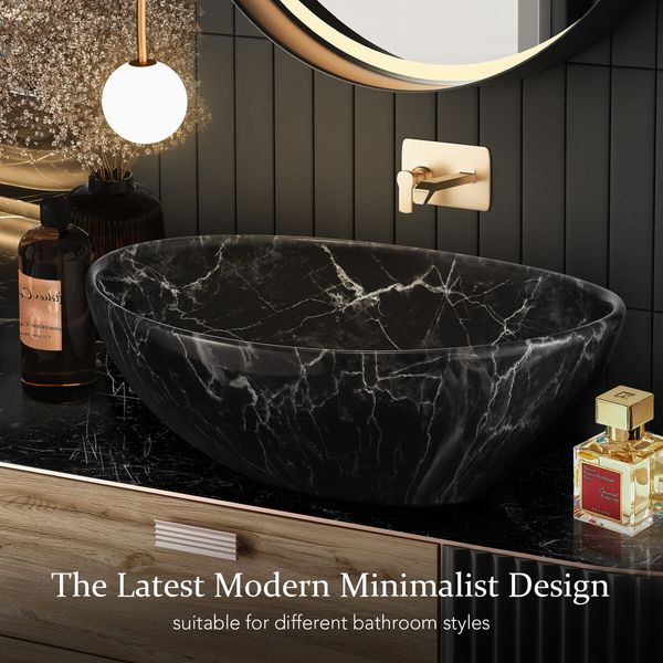 Black Bathroom Sink Basin Vanity Vessel Wash Bowl Ceramic Above Counter Countertop Toilet Hand Washing Modern Oval Marble