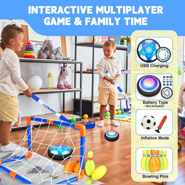 Hover Hockey Soccer Goals Bowling Playset Toys Kids Football Net Backyard Sports Game Practice Training Activity Centre Play Ground with Led Lights