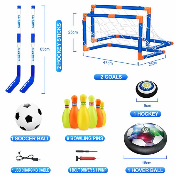 Hover Hockey Soccer Goals Bowling Playset Toys Kids Football Net Backyard Sports Game Practice Training Activity Centre Play Ground with Led Lights