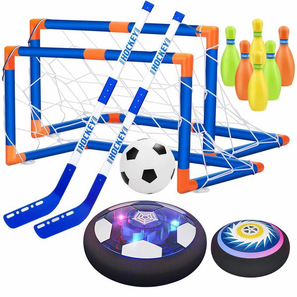 Hover Hockey Soccer Goals Bowling Playset Toys Kids Football Net Backyard Sports Game Practice Training Activity Centre Play Ground with Led Lights