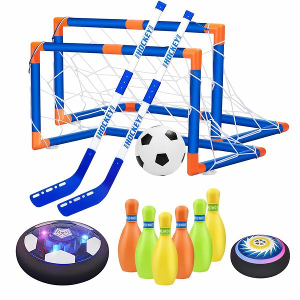 Hover Hockey Soccer Goals Bowling Playset Toys Kids Football Net Backyard Sports Game Practice Training Activity Centre Play Ground with Led Lights