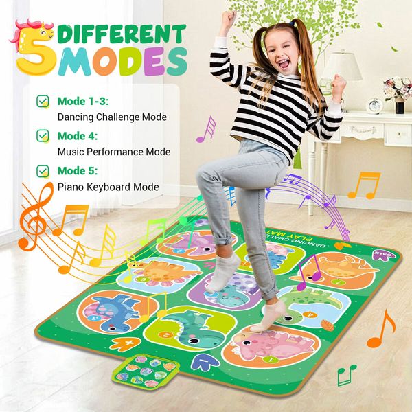 Kids Dance Mat Game Play Toy Dancer Musical Pad Dancing Challenge Light Up Activity Centre Blanket Adjustable Volume Electric 82x65cm Dinosaur Cartoon