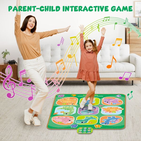 Kids Dance Mat Game Play Toy Dancer Musical Pad Dancing Challenge Light Up Activity Centre Blanket Adjustable Volume Electric 82x65cm Dinosaur Cartoon