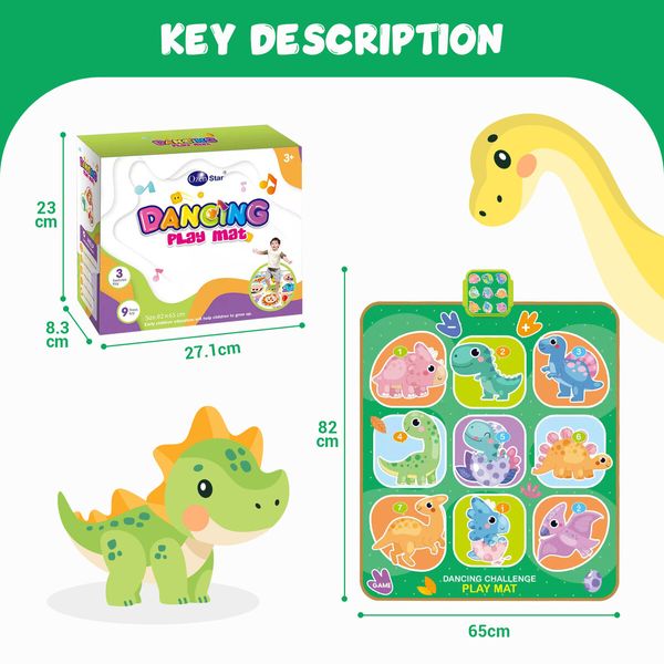 Kids Dance Mat Game Play Toy Dancer Musical Pad Dancing Challenge Light Up Activity Centre Blanket Adjustable Volume Electric 82x65cm Dinosaur Cartoon