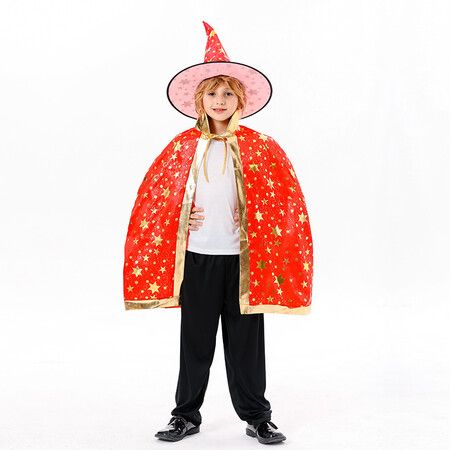 Set of Kids Halloween Red Wizard Capes with Hat And Cloak Props for Children Costumes