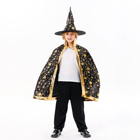 Set of Kids Halloween Black Wizard Capes with Hat And Cloak Props for Children Costumes