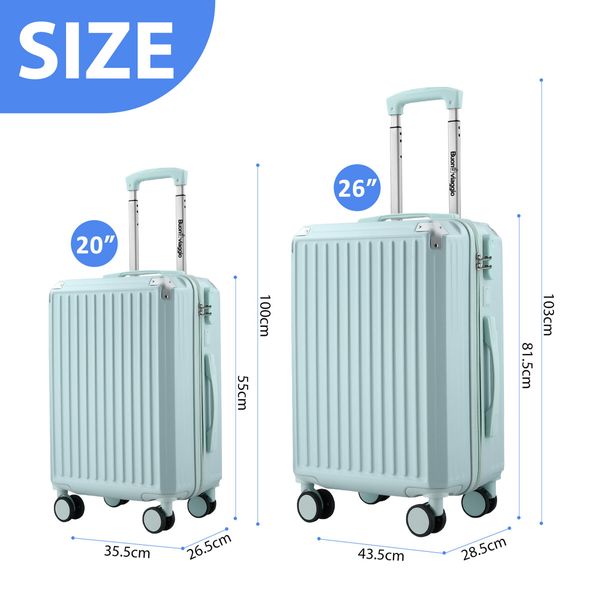 2 Piece Luggage Set Carry On Suitcases Travel Cabin Bags Lightweight Hard Shell Case Rolling Trolley USB Charging Port Cup Holder Mint Green