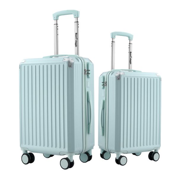 2 Piece Luggage Set Carry On Suitcases Travel Cabin Bags Lightweight Hard Shell Case Rolling Trolley USB Charging Port Cup Holder Mint Green