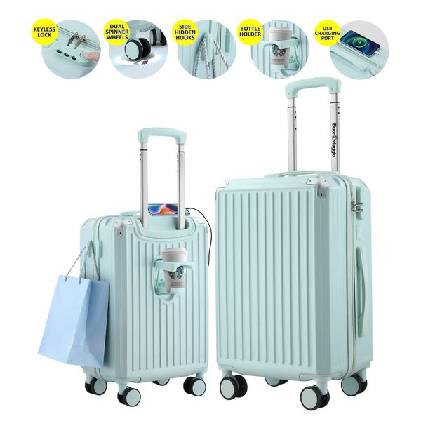 2 Piece Luggage Set Carry On Suitcases Travel Cabin Bags Lightweight Hard Shell Case Rolling Trolley USB Charging Port Cup Holder Mint Green