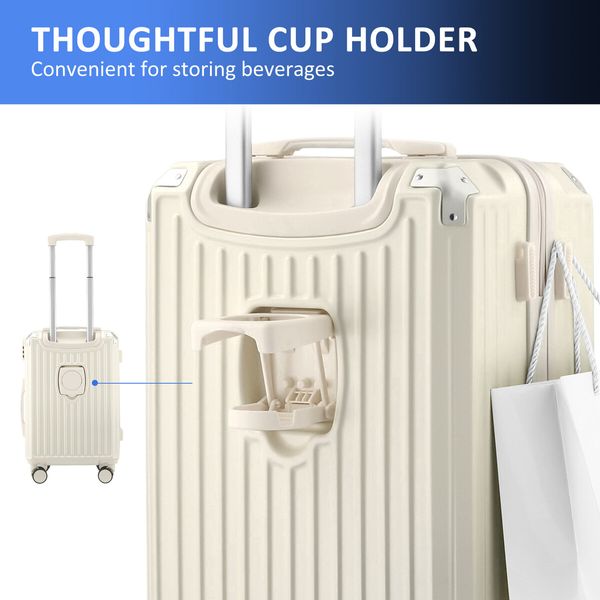 2 PCS Luggage Set Carry On Suitcases Travel Trolley Hard Shell Cabin Case Lightweight Rolling Traveller Bags USB Charging Port Cup Holder Milk White