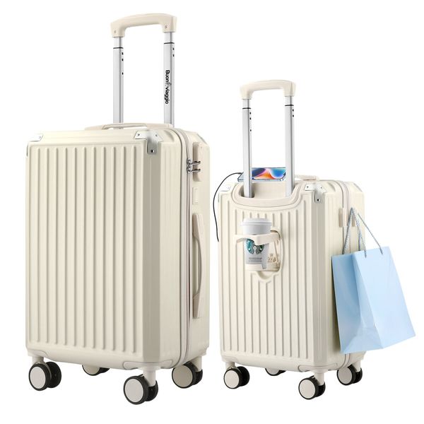 2 PCS Luggage Set Carry On Suitcases Travel Trolley Hard Shell Cabin Case Lightweight Rolling Traveller Bags USB Charging Port Cup Holder Milk White