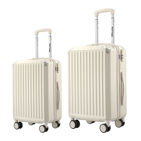 2 PCS Luggage Set Carry On Suitcases Travel Trolley Hard Shell Cabin Case Lightweight Rolling Traveller Bags USB Charging Port Cup Holder Milk White