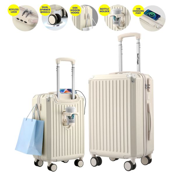 2 PCS Luggage Set Carry On Suitcases Travel Trolley Hard Shell Cabin Case Lightweight Rolling Traveller Bags USB Charging Port Cup Holder Milk White