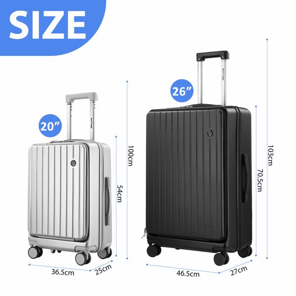 2 PCS Luggage Travel Set Carry On Suitcases Checked Bags Hard Case Front Open Pocket TSA Lock USB Charging Ports Phone Cup Holder Black Grey