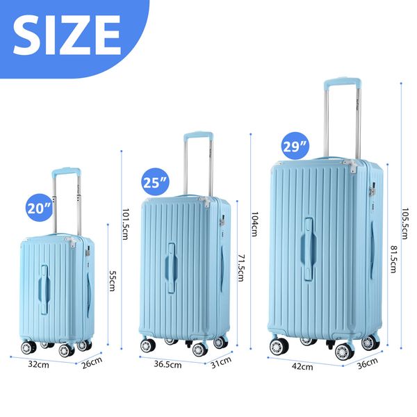 3 Piece Luggage Set Carry On Hard Shell Travel Suitcases Lightweight Checked Sports Cabin Bag Case Rolling Trolley USB Charging Ports Phone Cup Holder