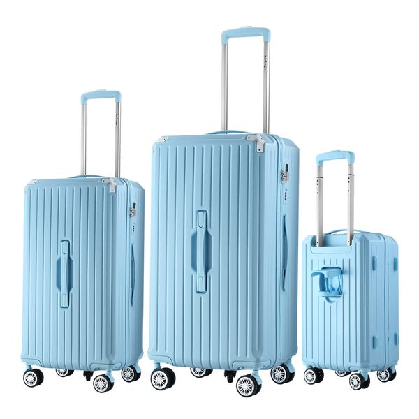 3 Piece Luggage Set Carry On Hard Shell Travel Suitcases Lightweight Checked Sports Cabin Bag Case Rolling Trolley USB Charging Ports Phone Cup Holder