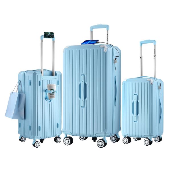 3 Piece Luggage Set Carry On Hard Shell Travel Suitcases Lightweight Checked Sports Cabin Bag Case Rolling Trolley USB Charging Ports Phone Cup Holder