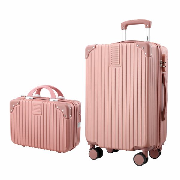 2 Piece Luggage Travel Set Hard Shell Carry On Suitcases Traveller Lightweight Trolley Checked Vanity Bag Rolling Cabin Case with Wheels Rose Gold