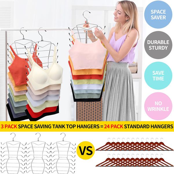 Closet Organizers and Storage,8 Tier Tank Top Hangers Space-Saving,Closet Organizer,Non Slip Hanging Sport Bras Holder,Dorm Room Essentials for College Students Girls Camisoles Swimsuits Dress,3 Pack