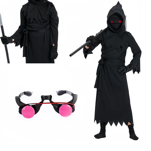 Kids Grim Reaper Halloween Costume Deluxe Set Black Phantom Cosplay Outfit with Skeleton, Ideal for 130cm Children