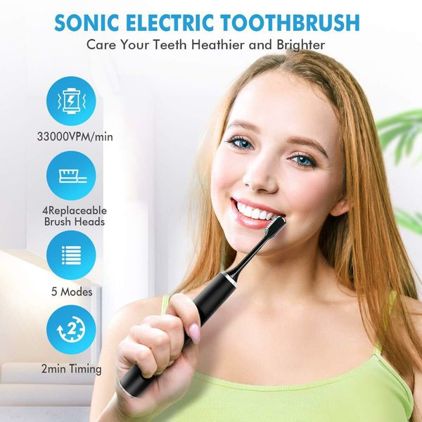 Electric Toothbrush Rotary TypeC Power Rechargeable Teeth Deep Cleaning Birthday  Christmas Gifts Oral Care Set 4 Replacement Heads Col. Black