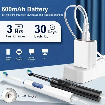 Electric Toothbrush Rotary TypeC Power Rechargeable Teeth Deep Cleaning Birthday  Christmas Gifts Oral Care Set 8 Replacement Heads Travel Case Col. White