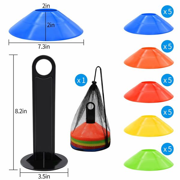 Disc Cones,Agility Soccer Cones with Carry Bag and Holder,Soccer Cones for Sports Training,Football,Soccer,Basketball,Coaching,Practice Equipment,25 Pack,5 Color