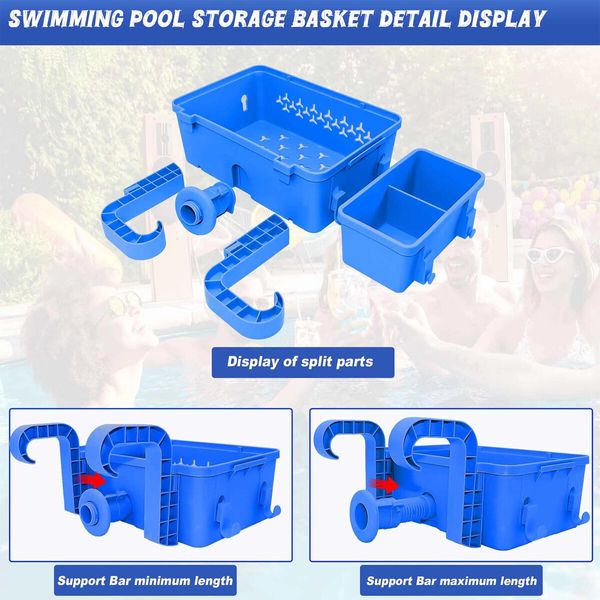 2 Sets of Poolside Storage Baskets with Cup Holders - Perfect for 3-Inch or Smaller Top Rails - above Ground Pool Accessories - Fit for Most above Ground Pool (Blue)