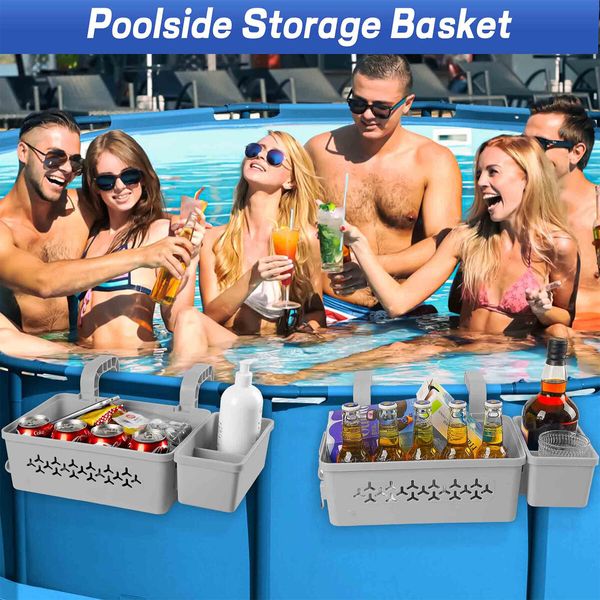 2 Sets of Poolside Storage Baskets with Cup Holders - Perfect for 3 Inch or Smaller Top Rails - above Ground Pool Accessories (Grey)