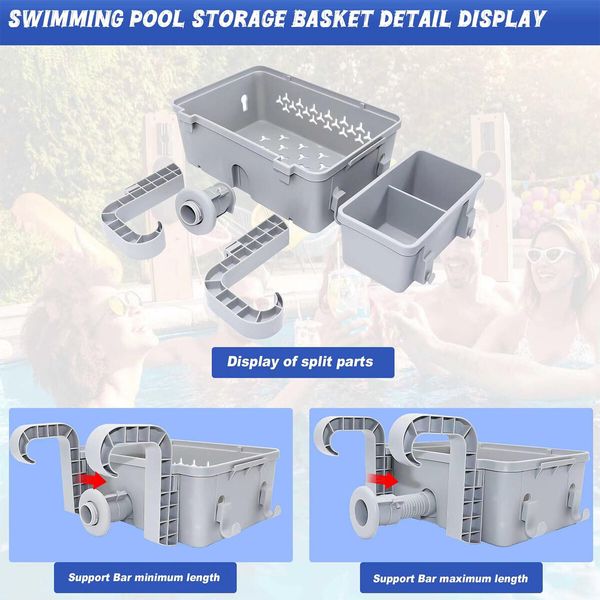 2 Sets of Poolside Storage Baskets with Cup Holders - Perfect for 3 Inch or Smaller Top Rails - above Ground Pool Accessories (Grey)